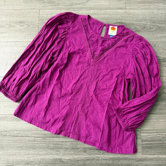 Farm Rio Anthropologie Kelsie Purple Cotton Lace Puff Sleeve Top Sz Large Blouse - Picture 2 of 10